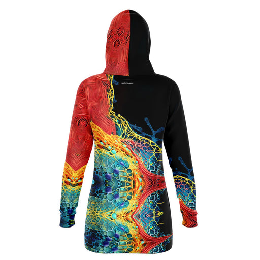 Women's longline hoodie with feminine silhouette and unique design inspired by science