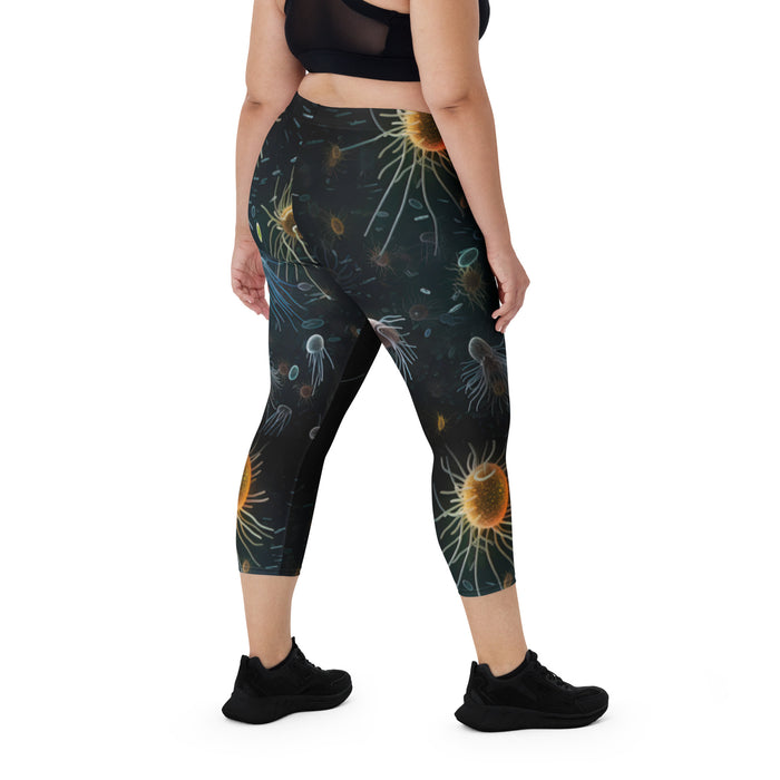 Close-up of a capri leggings mock-up, made out of stretchy materials, soft microfiber yarn, and a UPF 50+, to keep you comfortable even during the most challenging workouts.