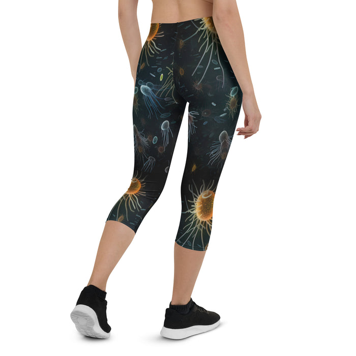 Close-up of a capri leggings mock-up, made out of stretchy materials, soft microfiber yarn, and a UPF 50+, to keep you comfortable even during the most challenging workouts.