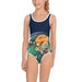 Stylish kids swimsuit mock-up with a design base on science and vibrant colors to show off a trendy beach look.