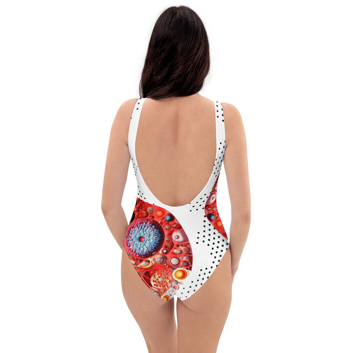 Stylish woman Swimsuit with a design base on science and vibrant colors to show off a trendy beach look.