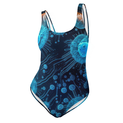 Stylish woman swimsuit mockup with a science-inspired design and vibrant colors to showcase a trendy beach look.