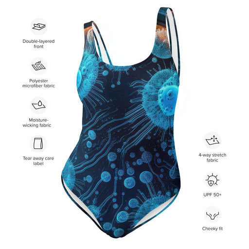 Stylish woman swimsuit mockup with a science-inspired design and vibrant colors to showcase a trendy beach look.