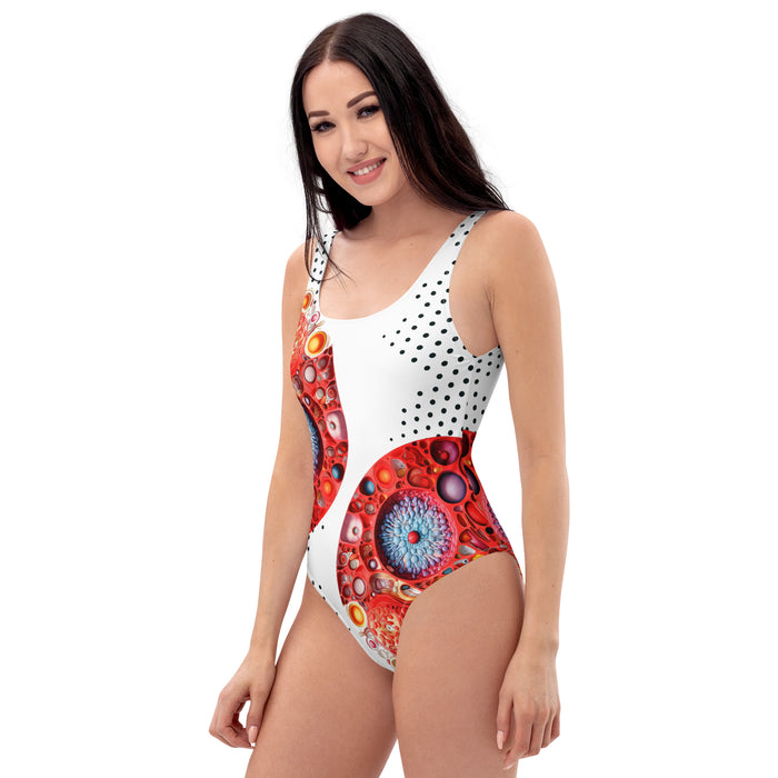 Stylish woman Swimsuit with a design base on science and vibrant colors to show off a trendy beach look.