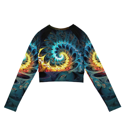 Beautiful long-sleeve crop top mockup in a cozy science-inspired design and vibrant colors that showcases a casual lifestyle.