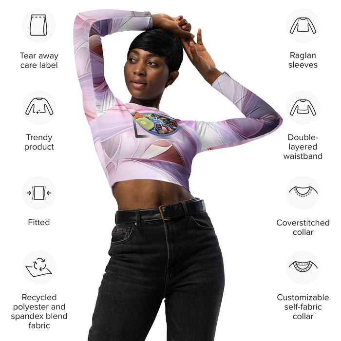 Beautiful long-sleeve crop top mockup in a cozy science-inspired design and vibrant colors that showcases a casual lifestyle.