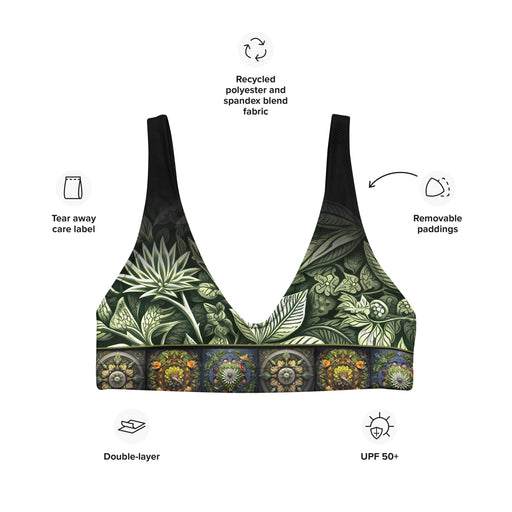 Stylish bikini top mock-up with a design base on science and vibrant colors to show off a trendy beach look.
