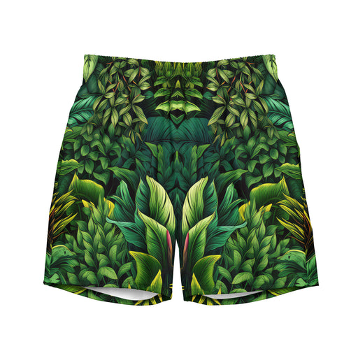Stylish men's swim trunk mock-up with a science-inspired design and vibrant colors, for a trendy beach look.