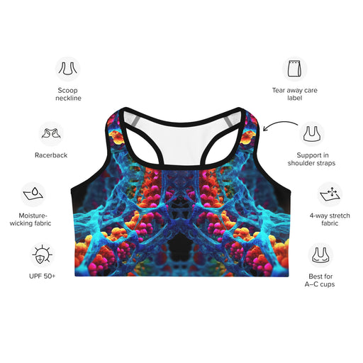 Sports bra mockup in a cozy science-inspired design and vibrant colors