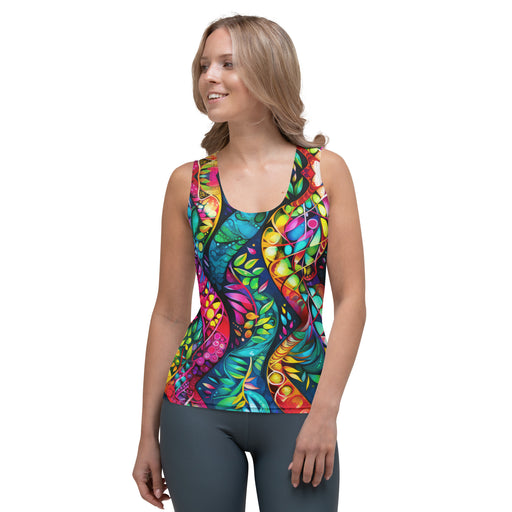 Mockup of a tank top with a nice design. The t-shirt has a round neckline and wide straps. It is made of soft and comfortable material, which adds a playful and expressive element to your outfit.