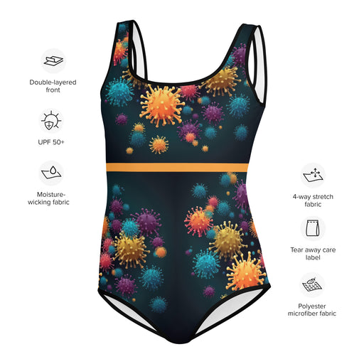 Stylish youth swimsuit mock-up with a design base on science and vibrant colors to show off a trendy beach look.