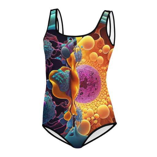 Stylish youth swimsuit mock-up with a design base on science and vibrant colors to show off a trendy beach look.