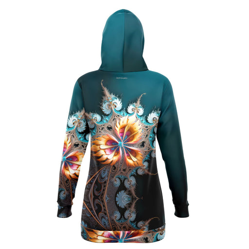 Women's longline hoodie with feminine silhouette and unique design inspired by science