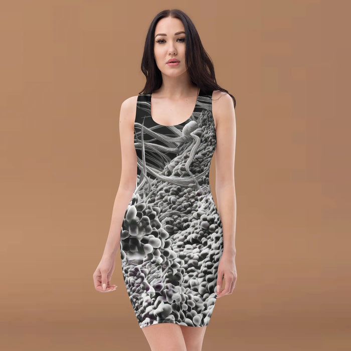 Elegant knee-length fitted dress in black and white with an ingenious neuron-inspired pattern, long sleeves and flattering side gathering, perfect for evening parties - SciArt Graphix